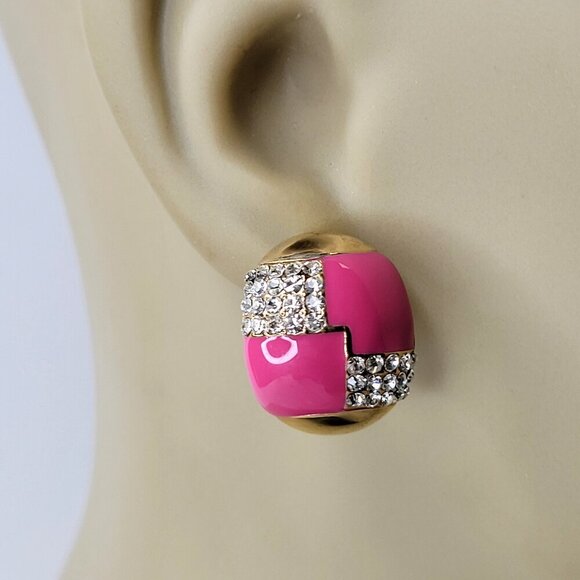Pink And Gold Oval Small Earrings with Clear Crystals Small Fuschia Earrings - Picture 1 of 8